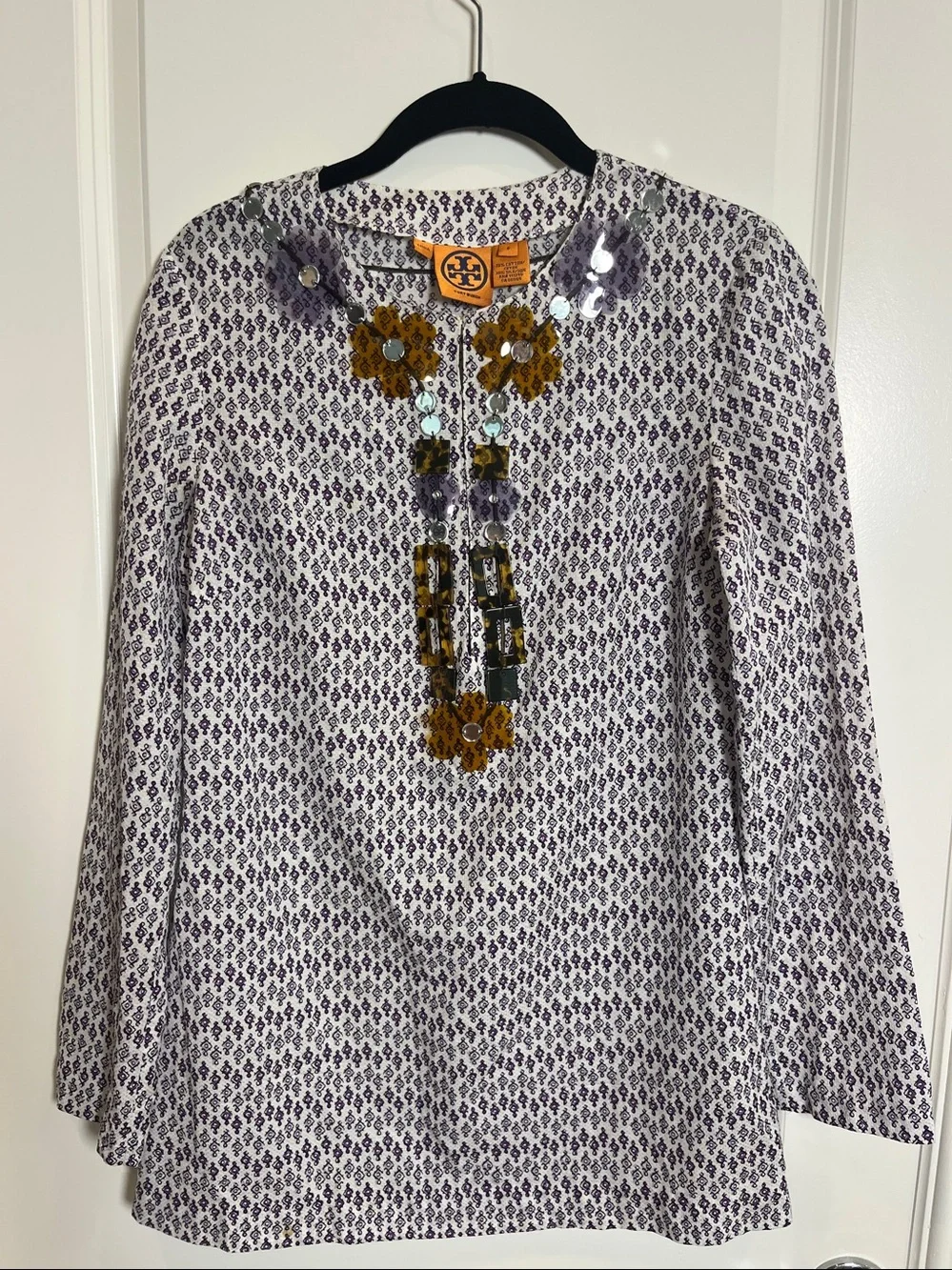 Tory Burch Purple and White Cotton/Silk Tunic Top Size 6